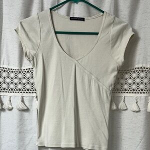Brandy Melville Cream Wrap-Detail V-Neck Short Sleeve Tee